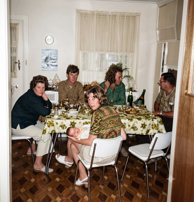 Family seated around a dining table; a woman in the foreground holds a baby, Semaphore Park, Adelaide, Christmas 1972. Digitally colourised and restored version.
