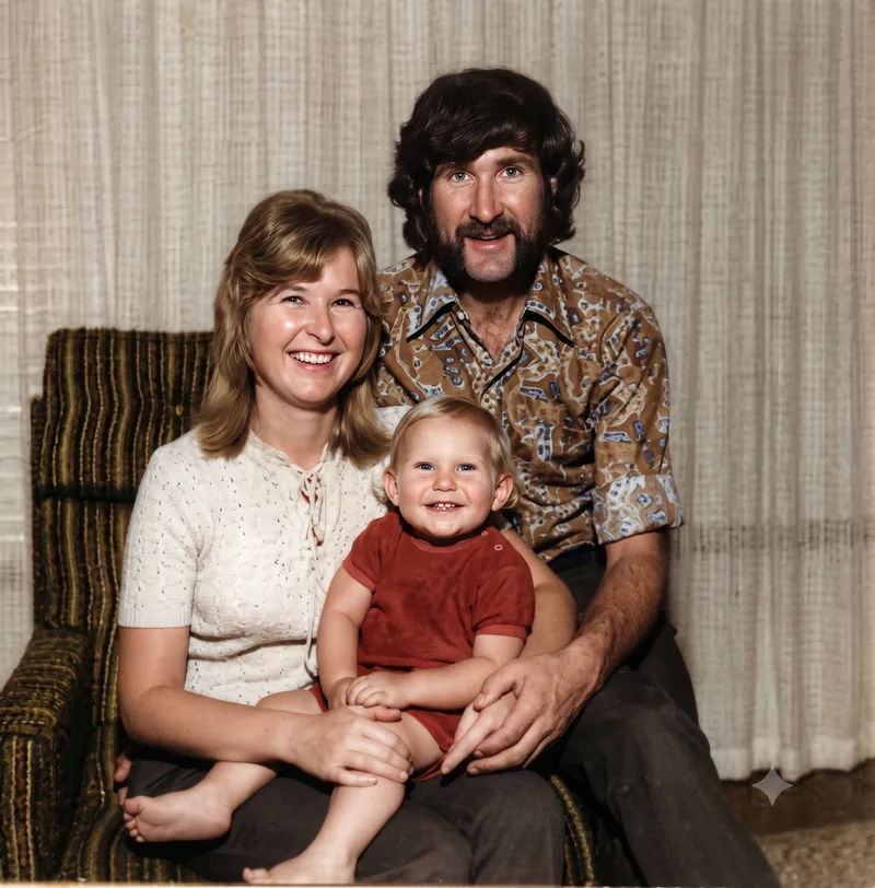 Young couple with a baby on the woman’s lap, seated in a lounge room, Pooraka, Adelaide, c. March 1973. Digitally colourised and restored version.