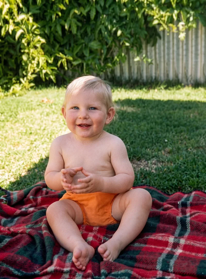 Eleven-month-old Paul Hamon sits smiling on a red tartan rug in the backyard, wearing an orange nappy cover, Pooraka, Adelaide, c. October 1973. Digitally restored version.
