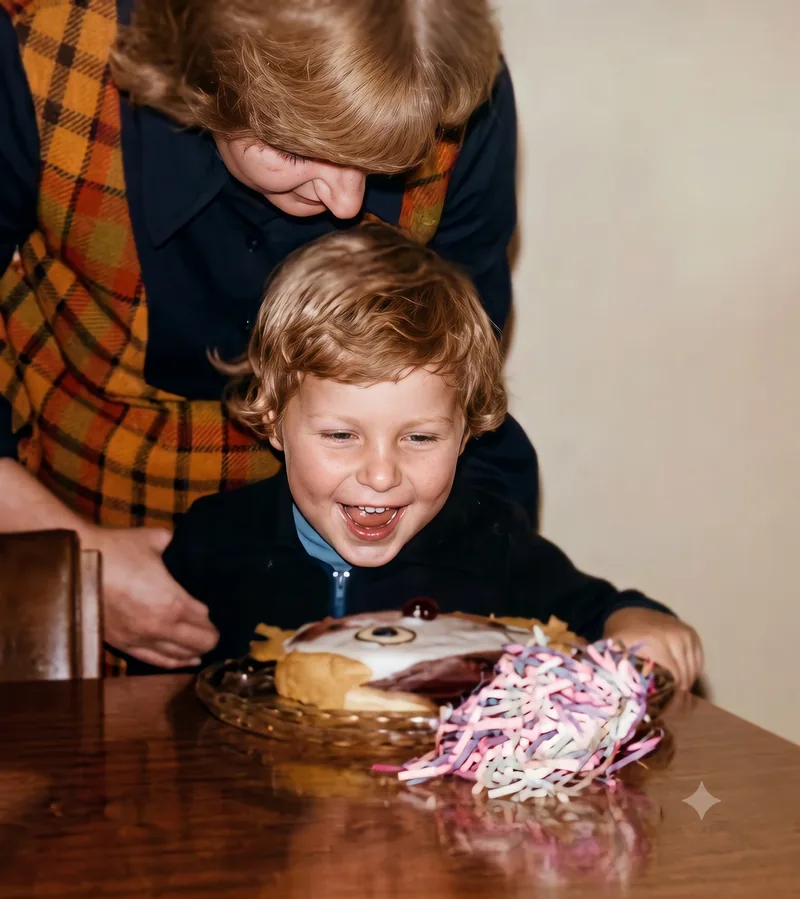 Young boy sits excitedly in front of a birthday cake while a woman leans over him, dining room, Pooraka, Adelaide, November 1974. Digitally restored version.