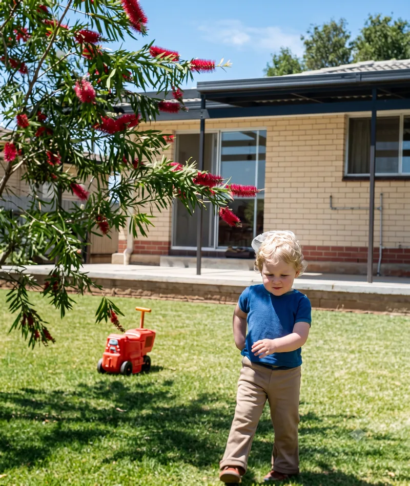 Toddler Paul Hamon walks on the lawn near a red ride-on toy and flowering bottlebrush in front of a brick house, Pooraka, Adelaide, January 1975. Digitally restored version.