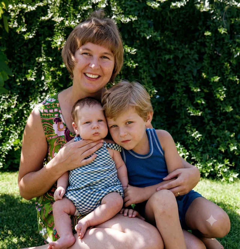 Desrae Hamon holds baby Mark Hamon (approx. 6 months) while four-year-old Paul Hamon sits beside them in the backyard, Pooraka, Adelaide, c. 1976. Digitally restored version.