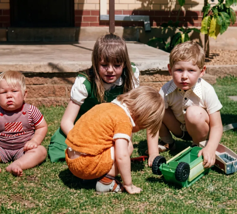 Four young children on a lawn: a baby, a girl in green, a boy in a cream shirt, and a toddler in orange playing with a green toy wagon, Pooraka, Adelaide, 1976. Digitally restored version.