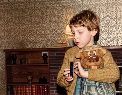 Paul Hamon with Humphrey B. Bear at Nana and Papa Drogemuller’s, Croydon Park, 1977