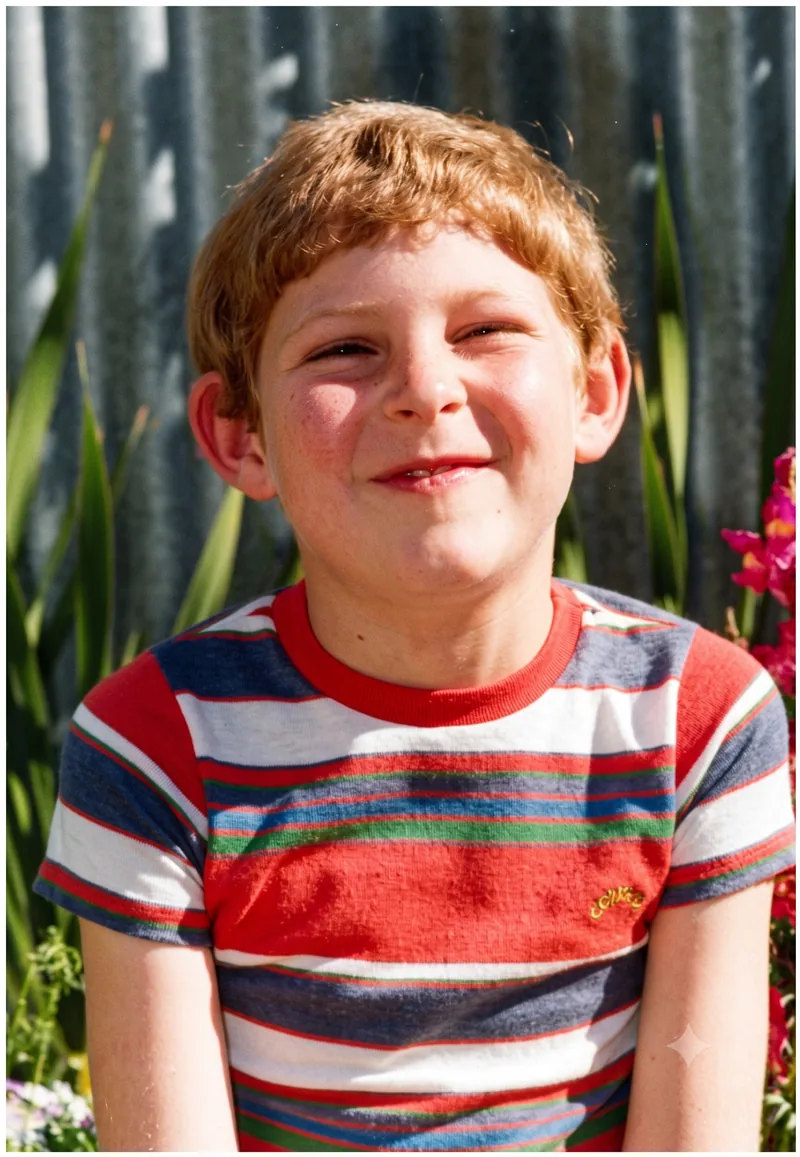 Young boy with light brown hair smiling in a striped T-shirt in a garden, Pooraka, Adelaide, 1977. Digitally restored version.