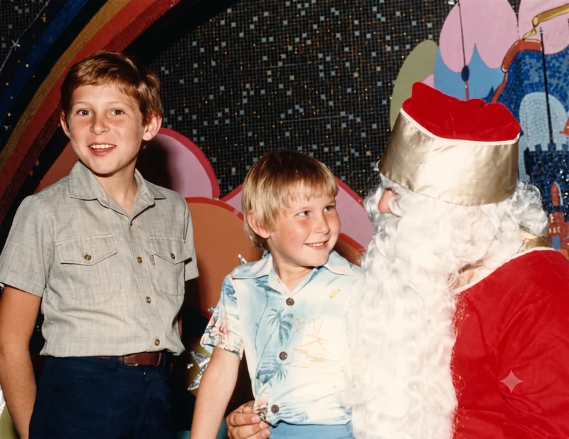 Six-year-old Paul Hamon in a grey shirt and nearly three-year-old Mark Hamon in a blue patterned shirt stand smiling with Father Christmas against a colourful festive backdrop, Adelaide, December 1978. Digitally restored version.
