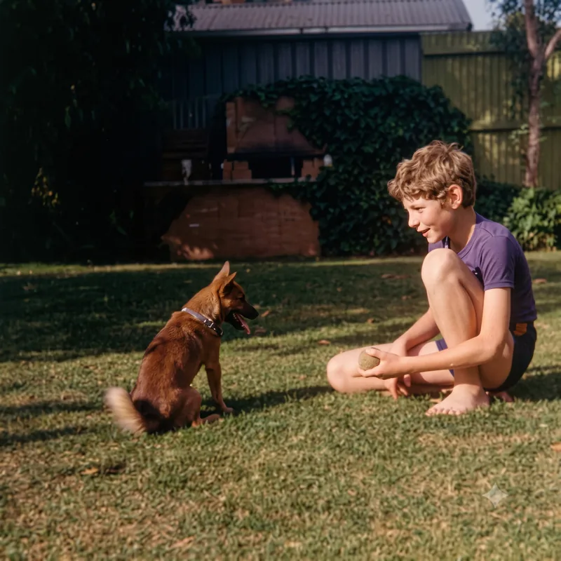 Six-year-old Paul Hamon sits on the grass holding a ball and looking at the brown dog Digger sitting opposite him in the backyard, Pooraka, Adelaide, c. 1978. Digitally restored version.