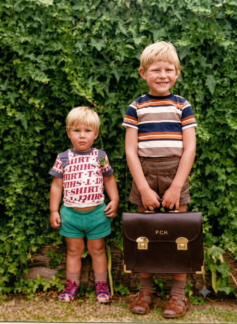 Two young boys stand in front of an ivy hedge; the older boy holds a dark satchel marked P.C.H., Pooraka, Adelaide, January 1978. Digitally restored version.