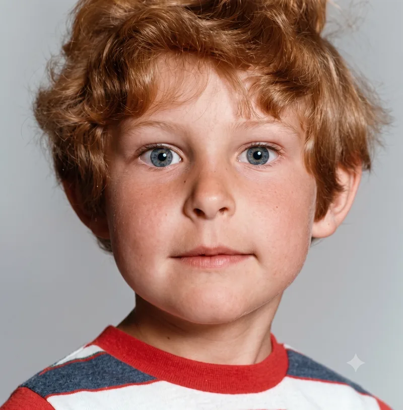 Close-up studio portrait of a young boy with curly reddish-blond hair and blue eyes wearing a striped top, Adelaide, c. June 1978. Digitally restored version.