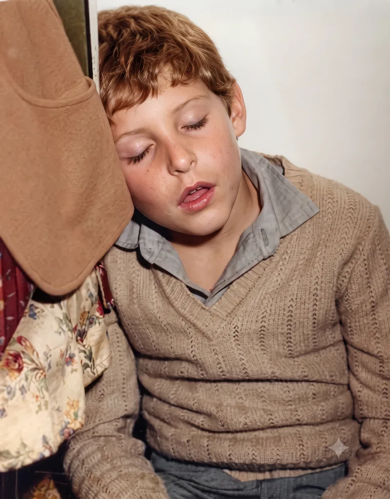 Young boy asleep, head resting against a coat, wearing a knitted jumper, indoor setting, 1978. Digitally restored version.