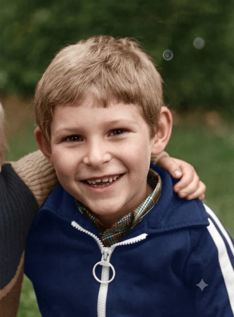 Smiling young boy in a zip-up jacket, outdoor portrait, Adelaide area, Mother’s Day May 1979. Digitally colourised and restored version.