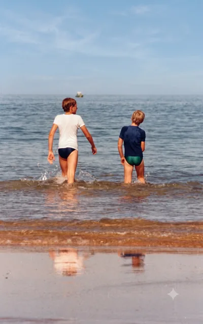 Paul and Mark Hamon at Semaphore Beach, c. January 1980