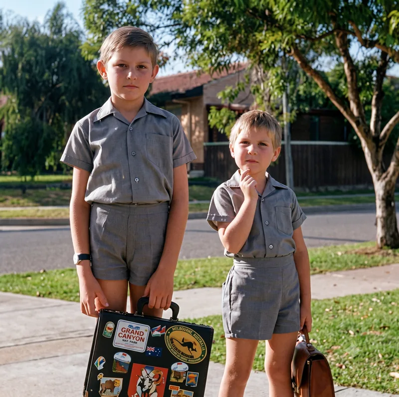 Two boys in grey school uniforms stand on a suburban footpath; the older boy holds a black satchel covered in stickers, the younger holds a brown satchel, Pooraka, Adelaide, January 1981. Digitally restored version.