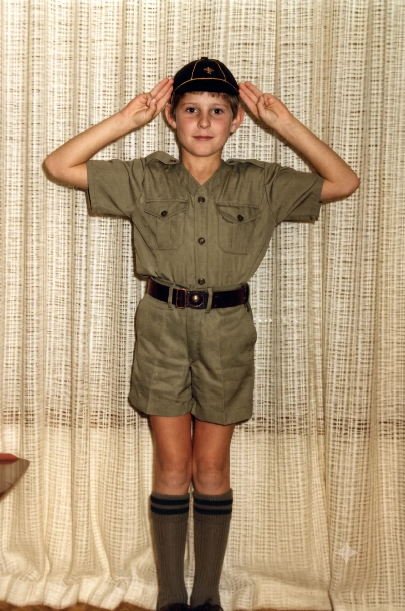 Boy in Cub Scout uniform stands against a curtain, both hands raised to the sides of his cap in a salute, Pooraka, Adelaide, 1981. Digitally restored version.