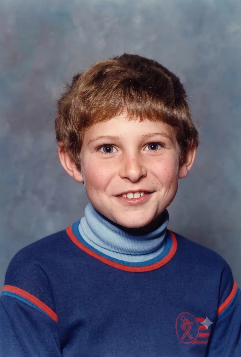 Young boy with light brown hair smiling in a blue sweater over a turtleneck, studio portrait, 1981. Digitally restored version.