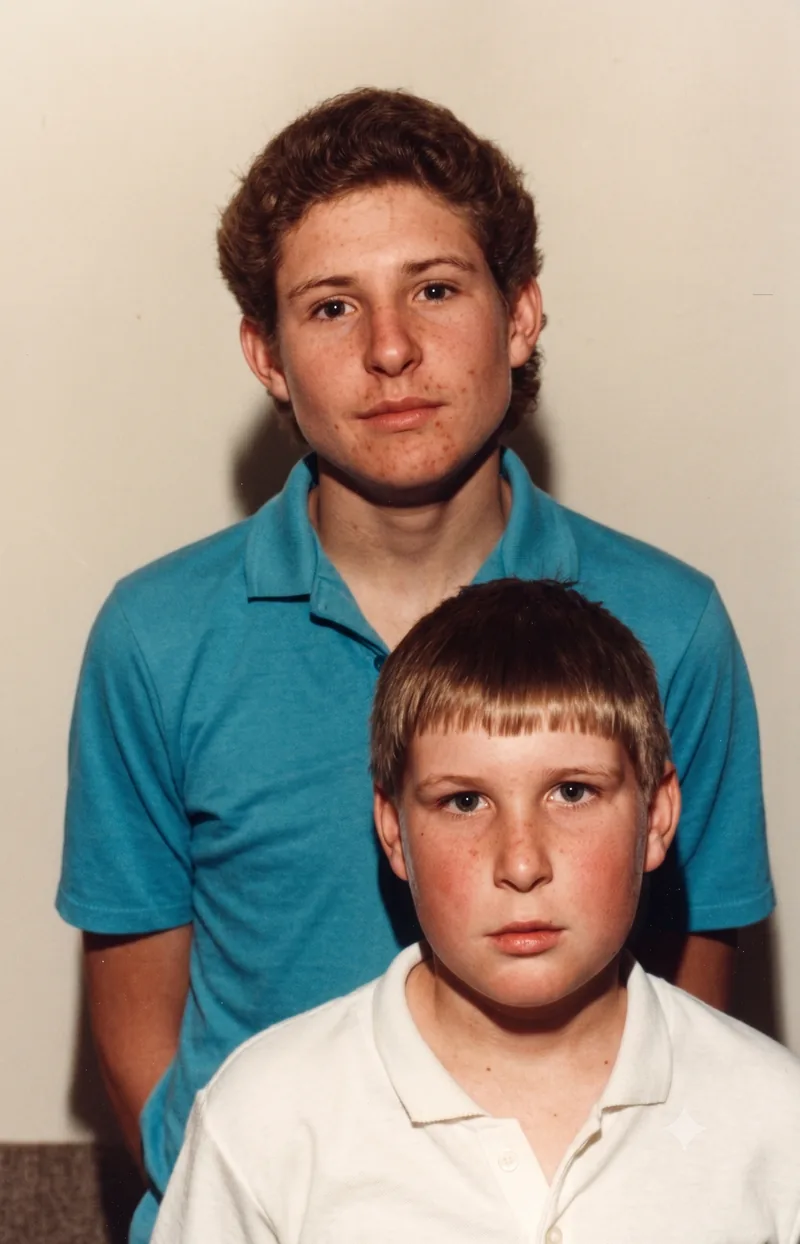 Two boys in polo shirts, one standing and one seated, look seriously at the camera against a plain wall in a lounge room, Pooraka, Adelaide, c. 1985. Digitally restored version (acne altered to freckles by AI).