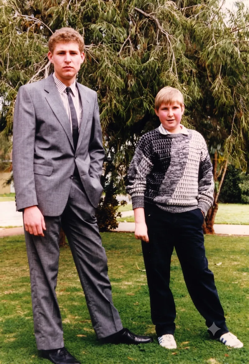 Teenage boy in a grey suit and younger boy in a patterned sweater stand under a tree on a lawn, Pooraka, Adelaide, 1988. Digitally restored version.
