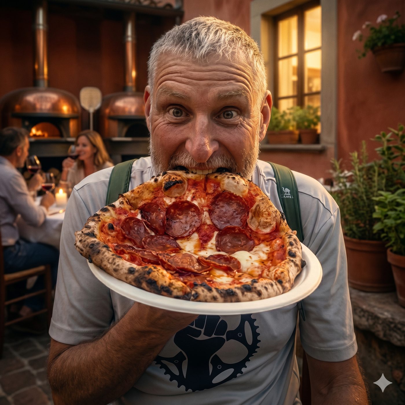 Paul Hamon eating a pizza at Gluttony, Adelaide Fringe